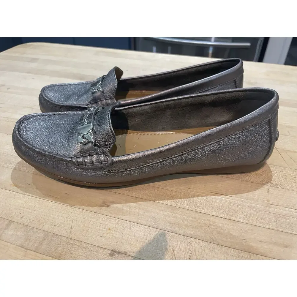 Coach “Olive” Leather Driving Loafers 7.5 Pewter Pebbled Leather Slip On Flats
